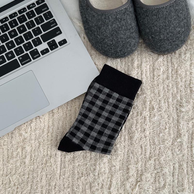 Korean Style Blue & White Plaid Mid-Calf Socks for Women - Academy Style, Perfect for Spring & Autumn, Ideal with Small Leather Shoes