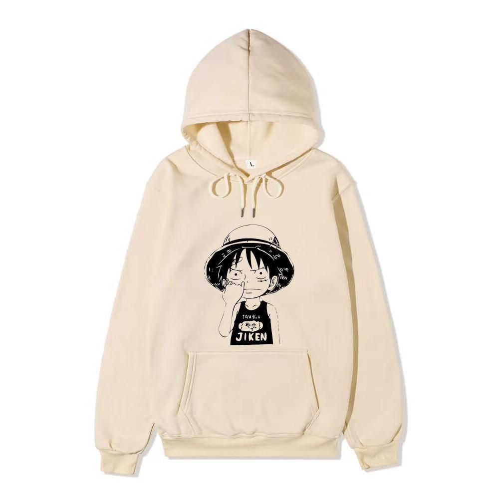 Anime Monkey D Luffy Hoodie, One Piece Q Version Character Graphic Print Pullover Sweatshirt Long Sleeve Streetwear for Men Women