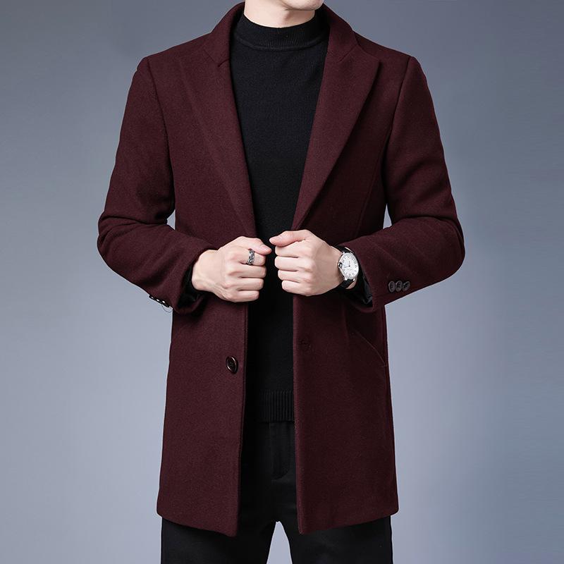 Men's 2025 Mid-Length Slim Wool Trench Coat - Stylish, Solid Color Lapel Overcoat