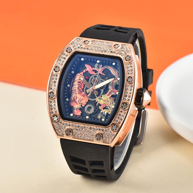 Men's Trendy Barrel-Shaped Full Diamond Quartz Watch with Calendar