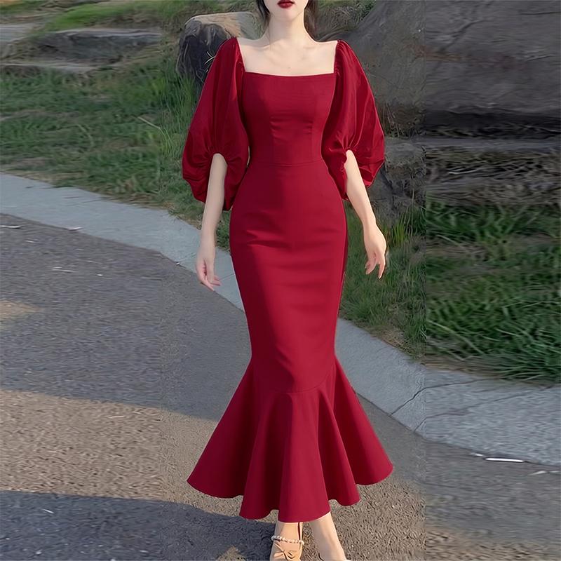 ZANZEA Women Elegant Square Collar Puff 3/4 Sleeve Fishtail Long Dress M