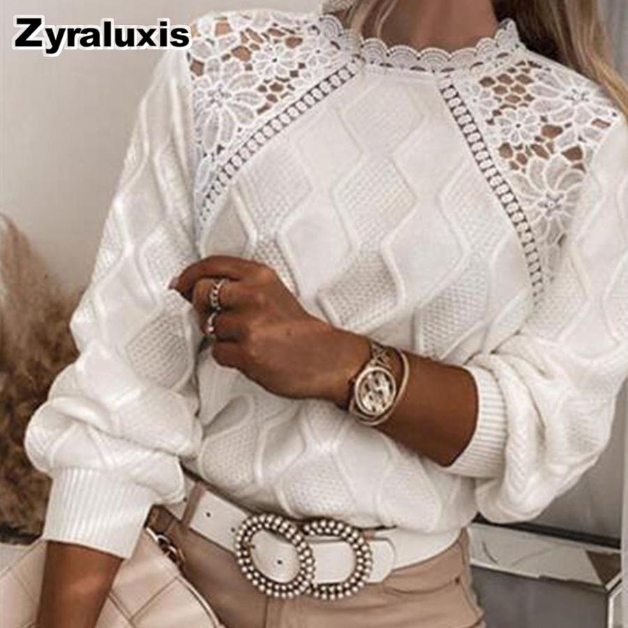 Trendy Fall/Winter Lady Lace Shoulder Sweater Women's Top Elegant Slim Knit Set