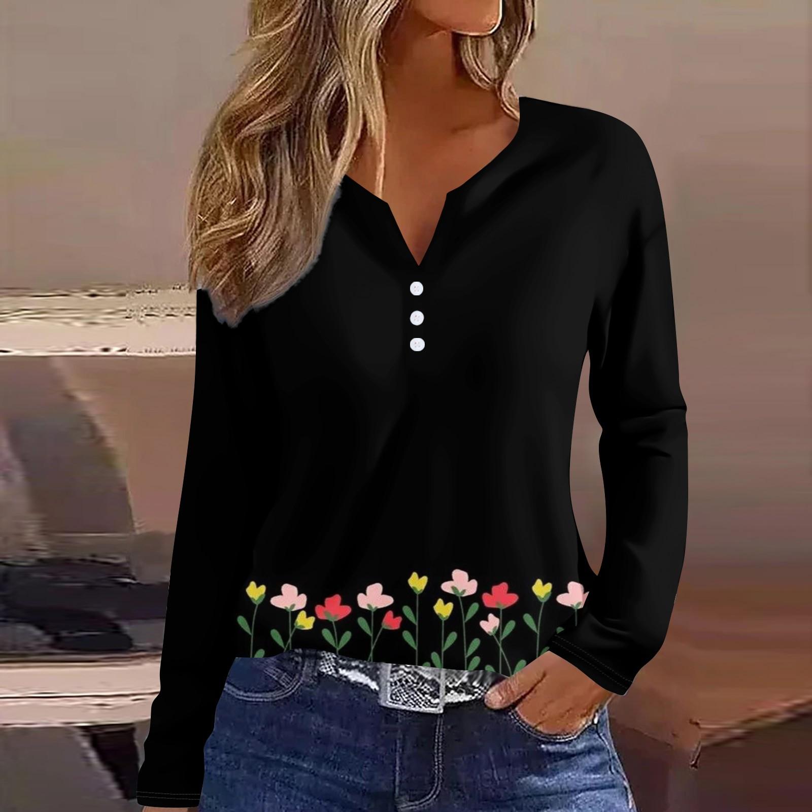 

Женская модная повседневная футболка с v-образным вырезом и длинным рукавом с принтом, топ на пуговицах M чёрный