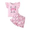 Girls' Easter Rabbit Puff Sleeve Summer Set with Cartoon Flowers