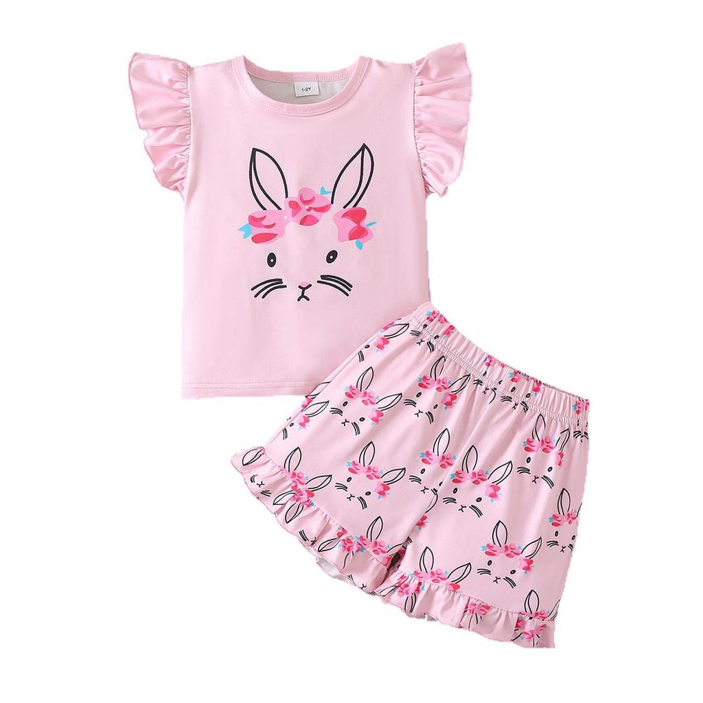 Girls' Easter Rabbit Puff Sleeve Summer Set with Cartoon Flowers