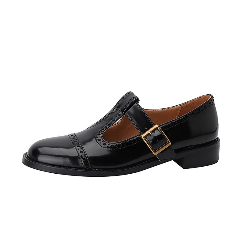 Fashion New Spring/summer Mary Jane Shoes for Women Split Leather Round Toe Thick Heel Shoes Casual Brogues Black Chunky Heel Shoes