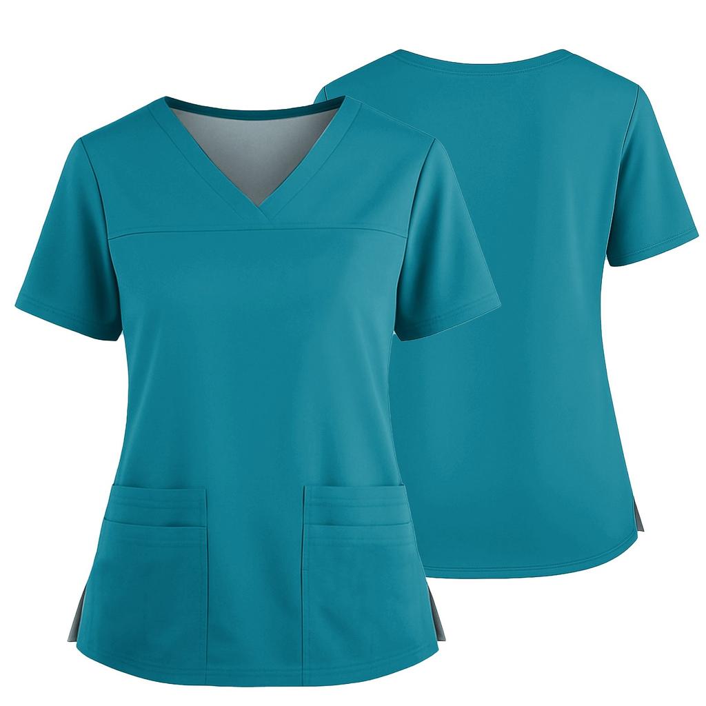Women's Uniform Color V-Neck Pocket Side Slit Uniform Short Sleeved Top Top