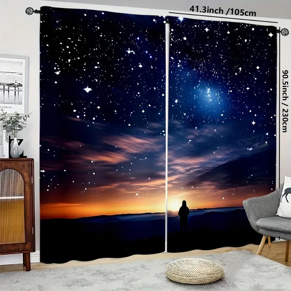 Modern Black Starry Sky Pattern Printed Curtains, Pole Bag Curtains, Home Decoration, Room Decoration