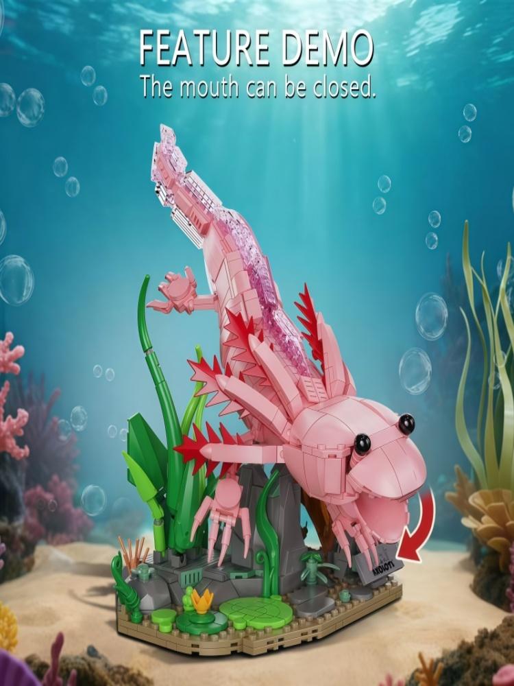 Pink axolotl building block toy, marine life building block model, educational STEM toy, suitable for collectible aquatic animal