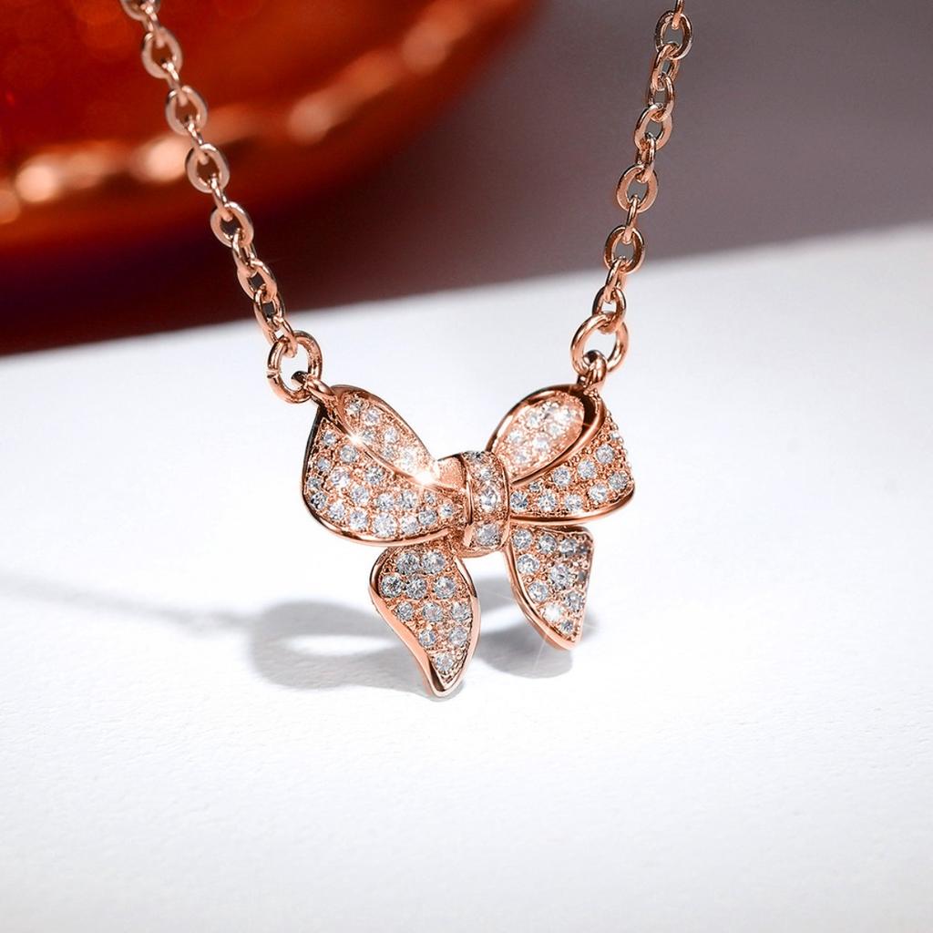 Elegant Full Paved Bow Pendant Necklace for Women Sparkling Stone Design Dainty Romantic Everyday Party Jewelry Gift for Her
