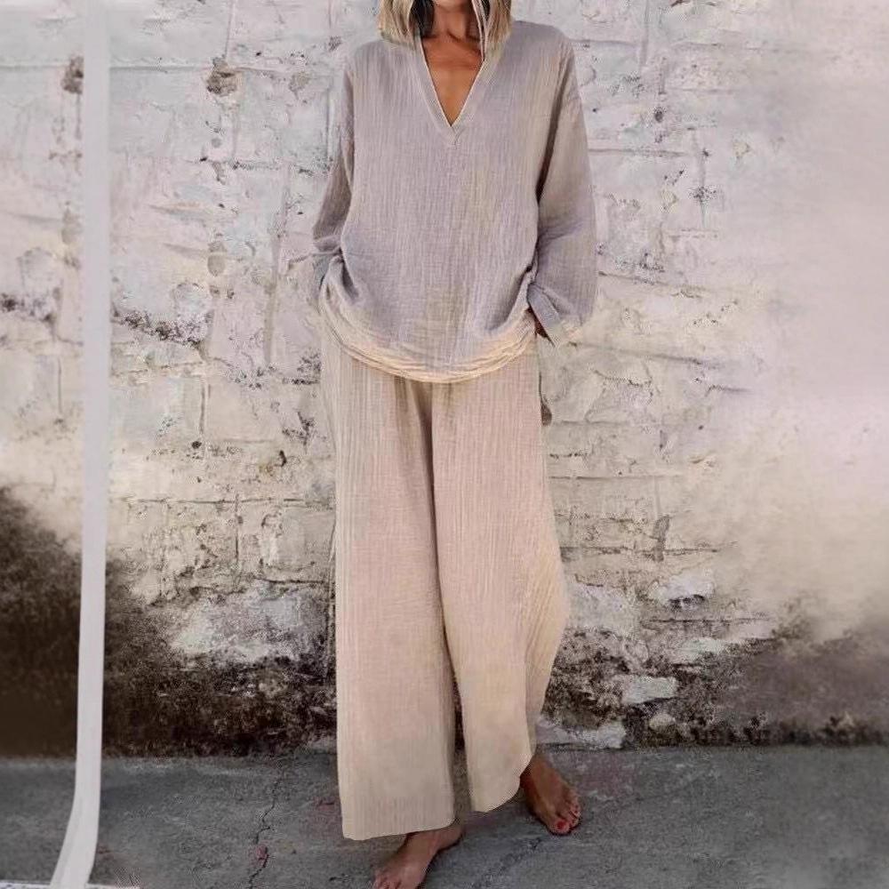 Damen Hellblaues V-Ausschnitt Locker Geschnittenes Oberteil und Weitbein Hosen Set, Lässiges Baumwollleinen Outfit