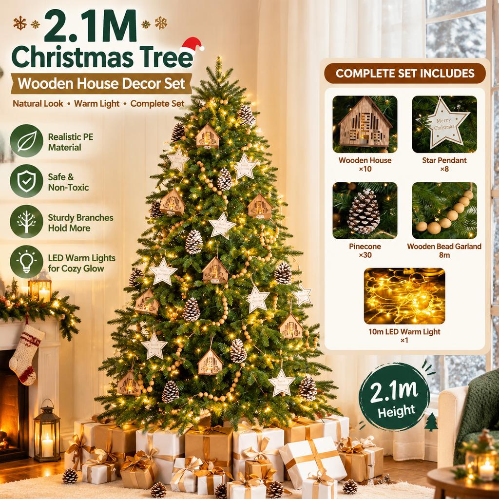 2.1m PE Artificial Christmas Tree with Wooden House Decor Set