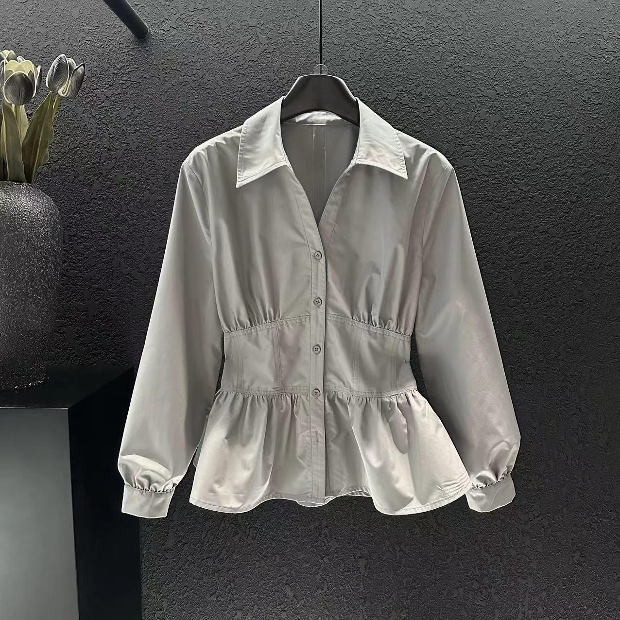 2025 French-style Long-sleeve Shirt with Pleated Waist - Slimming, Elegant Spring Top L (recommended 105-120 jin) серый
