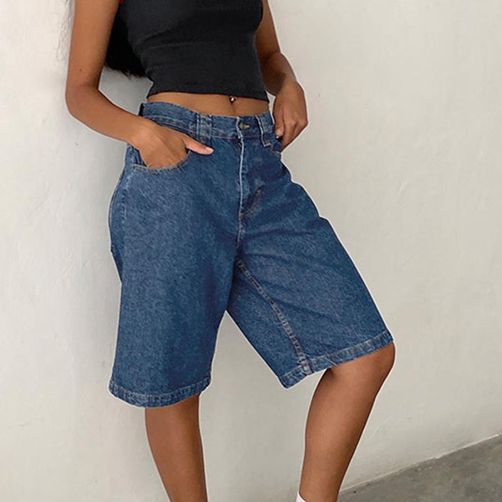 Women Denim Shorts Pants Straight Leg Denim Shorts Casual Knee Length Jean