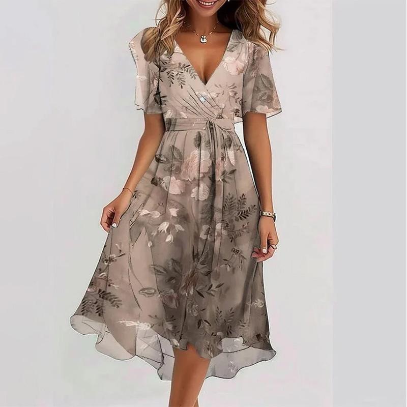 Damen V-Ausschnitt Kurzarm Blumenprint A-Linie Midi-Kleid Lässig Sommer Strand Urlaub Schwingendes Kleid