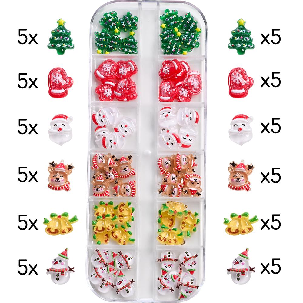 12Gird Kawaii Mini Snowman Xmas Tree Nail Charms 3D Reindeer Bell Santa Claus Nail Rhinestones Resin Christmas Nail Gems 30-60pc