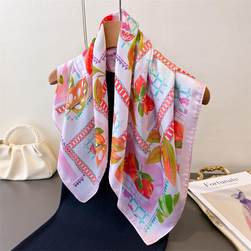 Korean Version of Lemon Imitation Silk Printing Square Scarf Shawl Scarf High-end Neck Small Square Scarf Headscarf Silk Scarf Women
