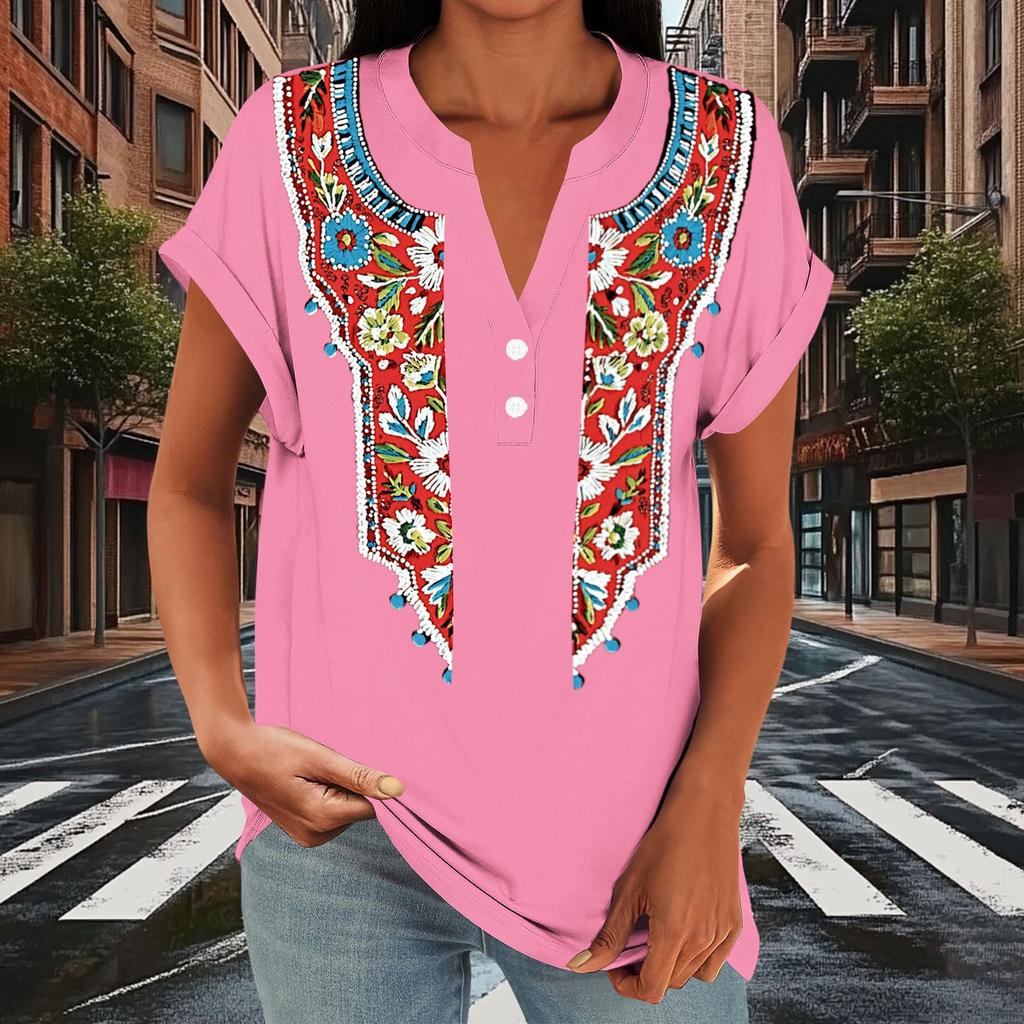 Damen Freizeit Locker Sitzend Kurzarm Knopf V-Ausschnitt Blumenmuster Bluse Top Leicht Atmungsaktiv Sommerhemd