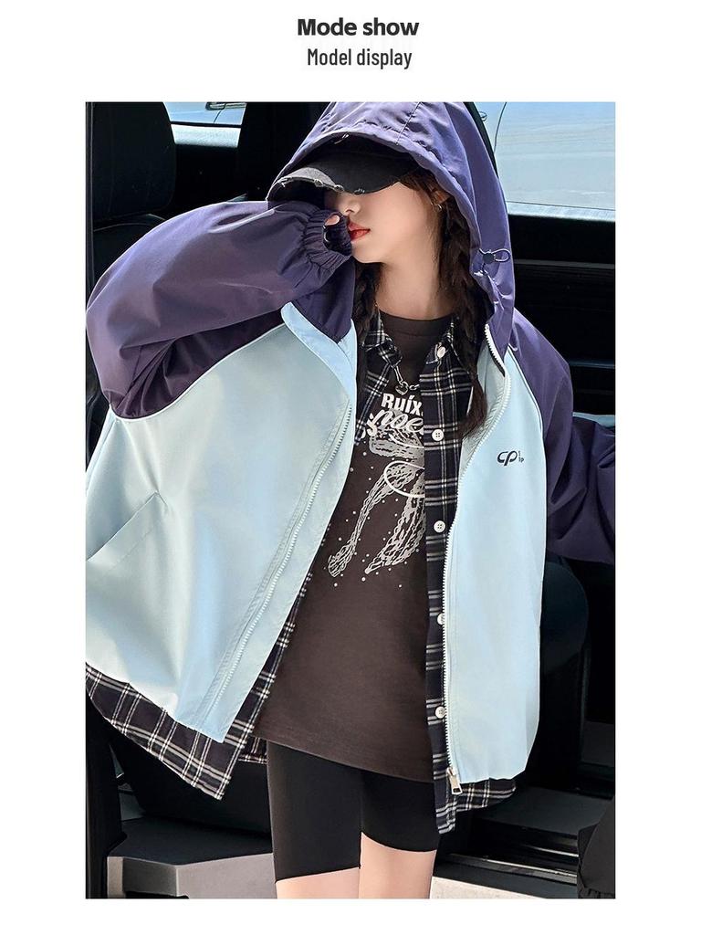 Girls' Color Block Hooded Windbreaker Jacket - 2025 Autumn Trend, Stylish Raglan Sleeve Fashion for Medium & Large Children