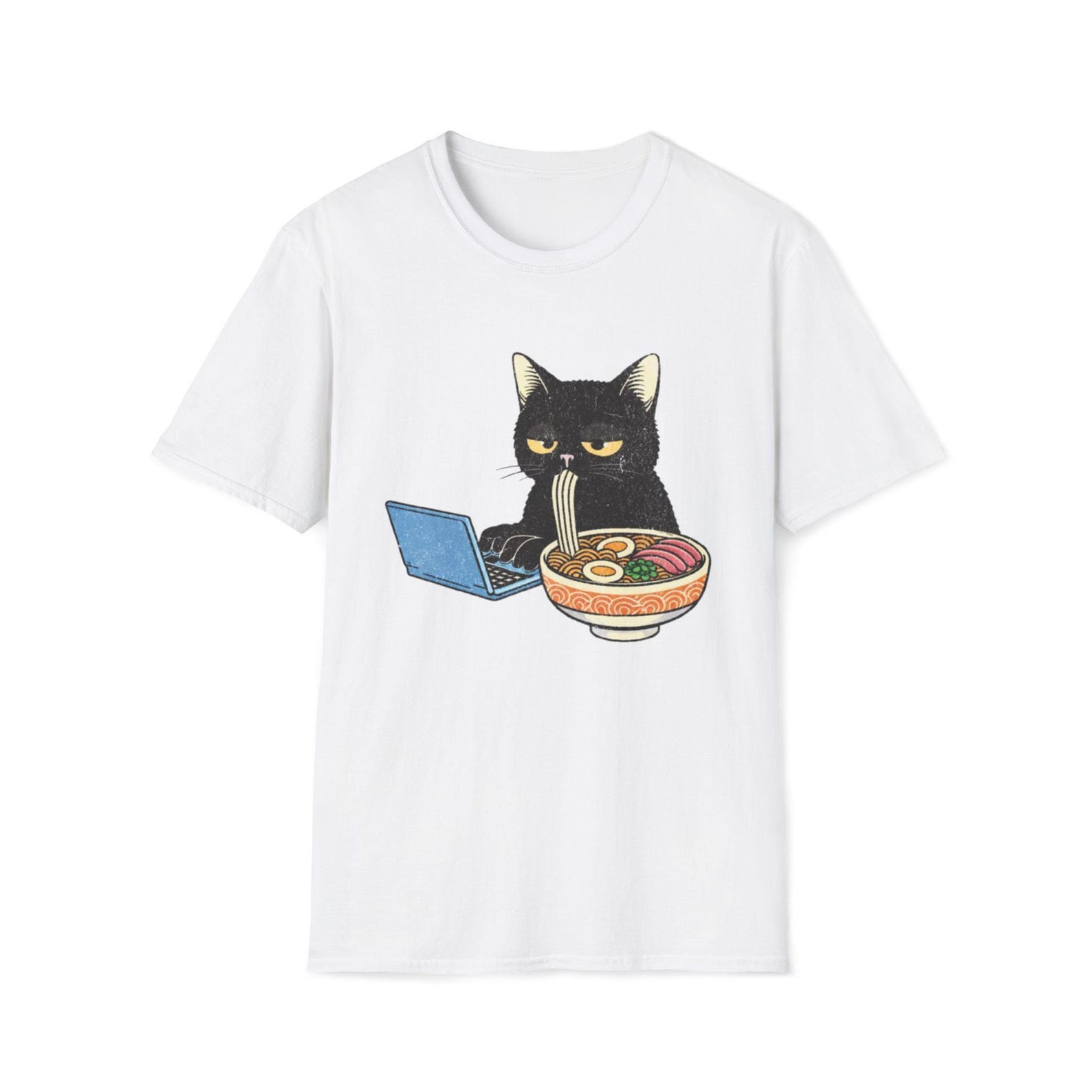 Grumpy Black Cat Eating Ramen T-Shirt Funny Trending Meme| Cat Noodle Illustration XL