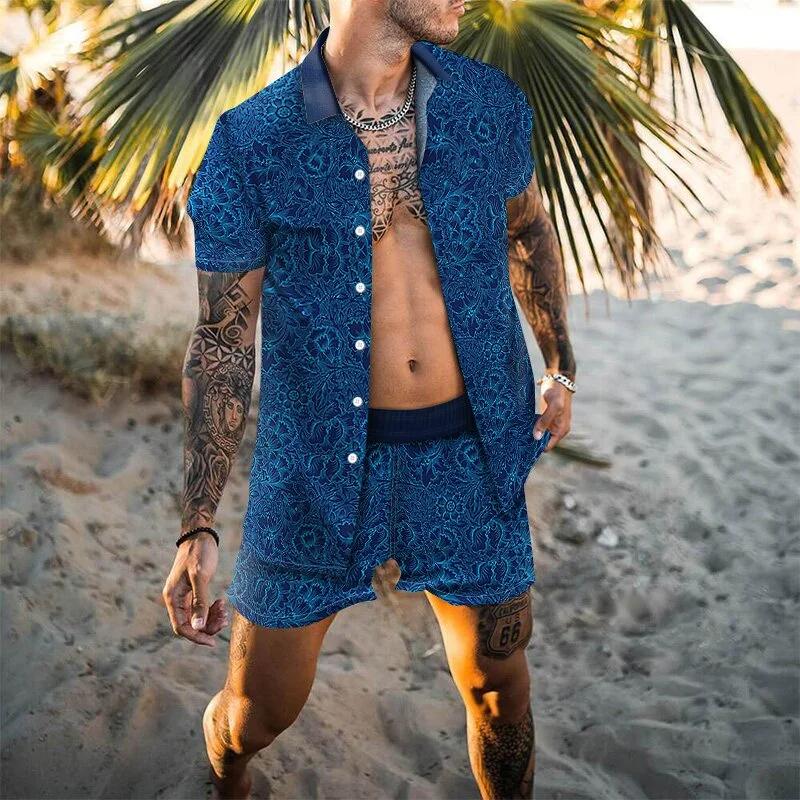 Summer Men's Fashion Leopard Print Short Sleeve Shirt And Shorts Set Beach Style T Shirt Breathable Shorts Two Piece Set