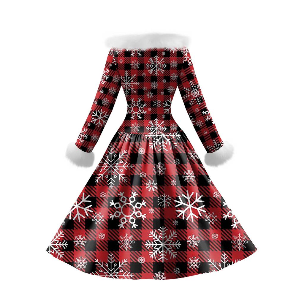 Kvinners avslappet kjole langermet V-hals patchwork fleece juleprint kjole