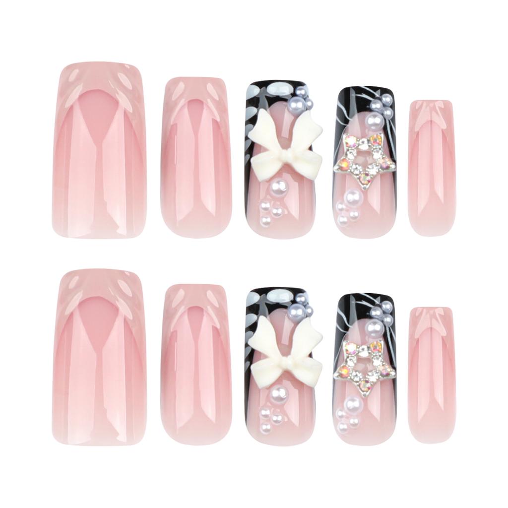 24 Pieces French 3D Water Ripple Wearing Nail Three-dimensional Bow Pearl Manicure Flash Diamond Star Fake Nail Nail Patch