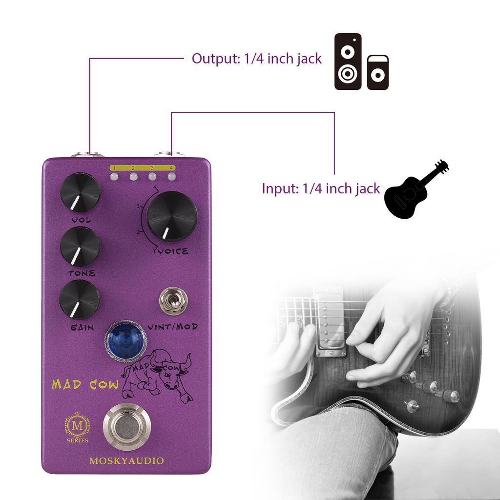 MOSKYAUDIO MAD COW Guitar Distortion Effects Pedal GAIN/VOL/TONE/VINT/MOD/4-Mode Knob DC 9V 6.35mm