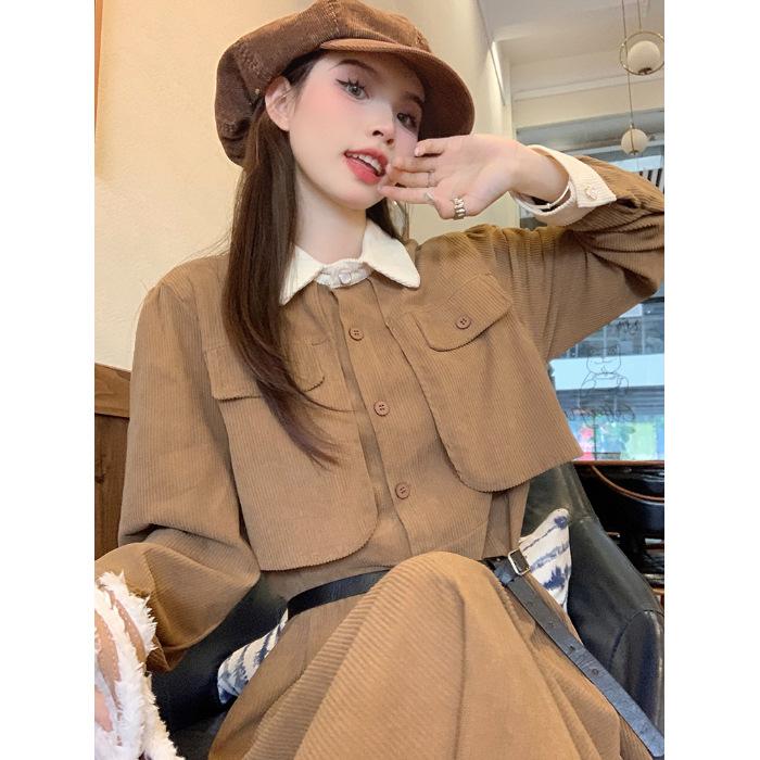 

New French high-end autumn dress fake two-piece temperament waist thin corduroy medium and long dress women S