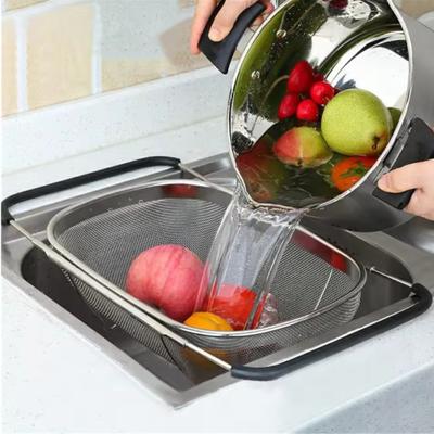 Stainless Steel Retractable Drain Basket Rubber Grip Handles Oval Colander Sink Vegetables Draining Rack Home Storage Basket