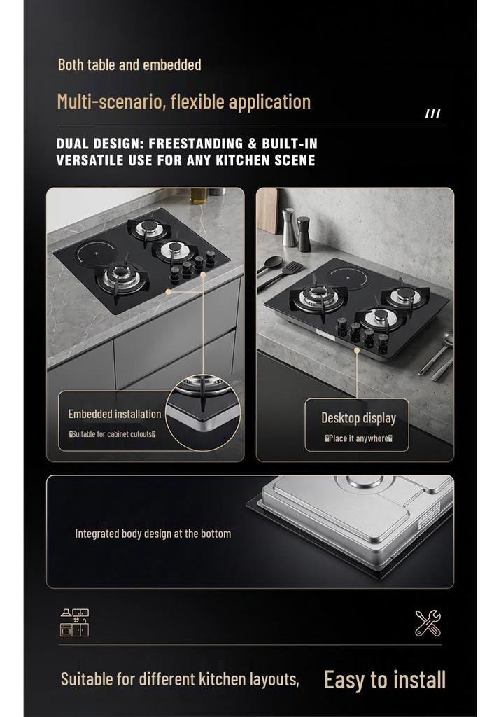 3 Gas + 1 Electric Built-in 4 Burner Cooktop with Tempered Glass Panel