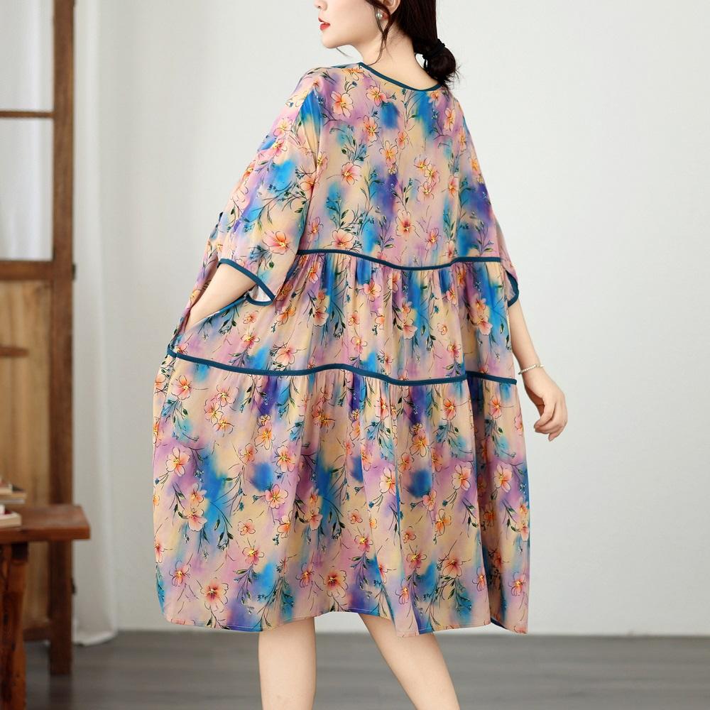 Abito midi estivo casual ampio in cotone e lino a maniche corte, taglie forti, floreale vintage, novità per donna