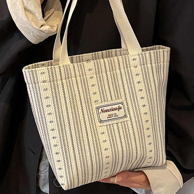 Ins Canvas Bag Women'S  Korean Style Casual Striped Handbag Large Capacity Class Commuting Shoulder Bag