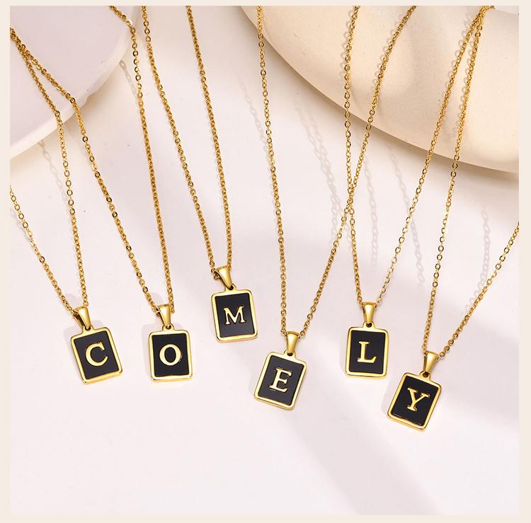 Square Initial Letter Necklace Pendant, Stainless Steel Charm Black Enamle Simple Name Jewelry For Women