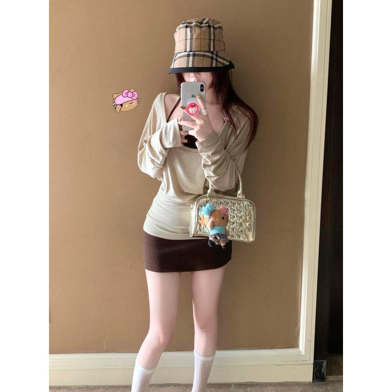 Kumikumi Idle Style Coffee Color Long sleeves Shirt Inner wear Hanging Neck Sling Women Autumn Slimming Skirt Three-Piece Set
