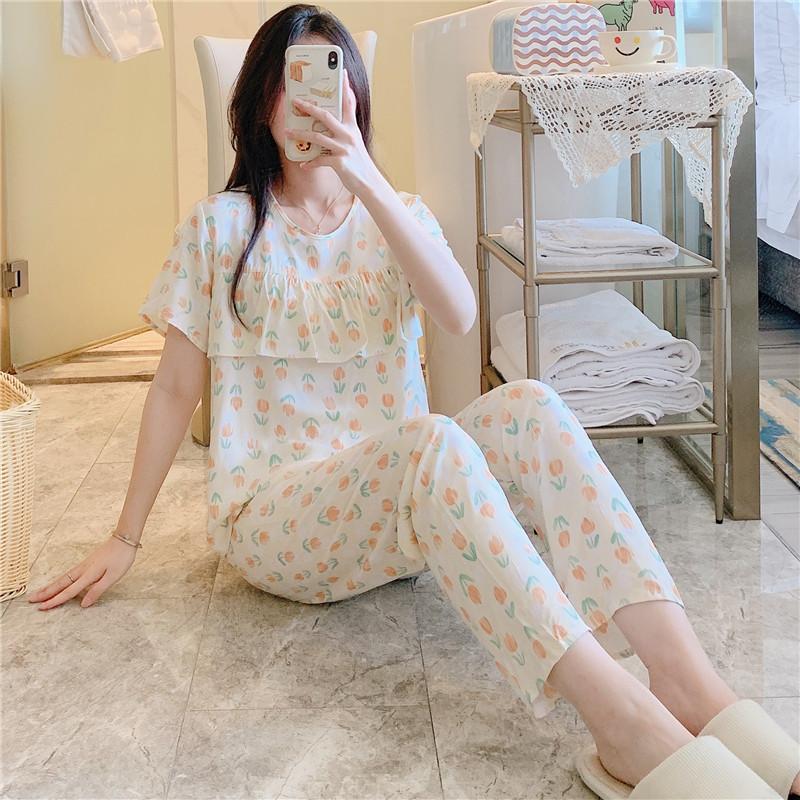 Artificial Cotton Pajamas Women's Spring and Summer Anti-bump Cotton and Silk Loungewear Suit Summer Cute Plaid Large Size Pajamas Outside Wear