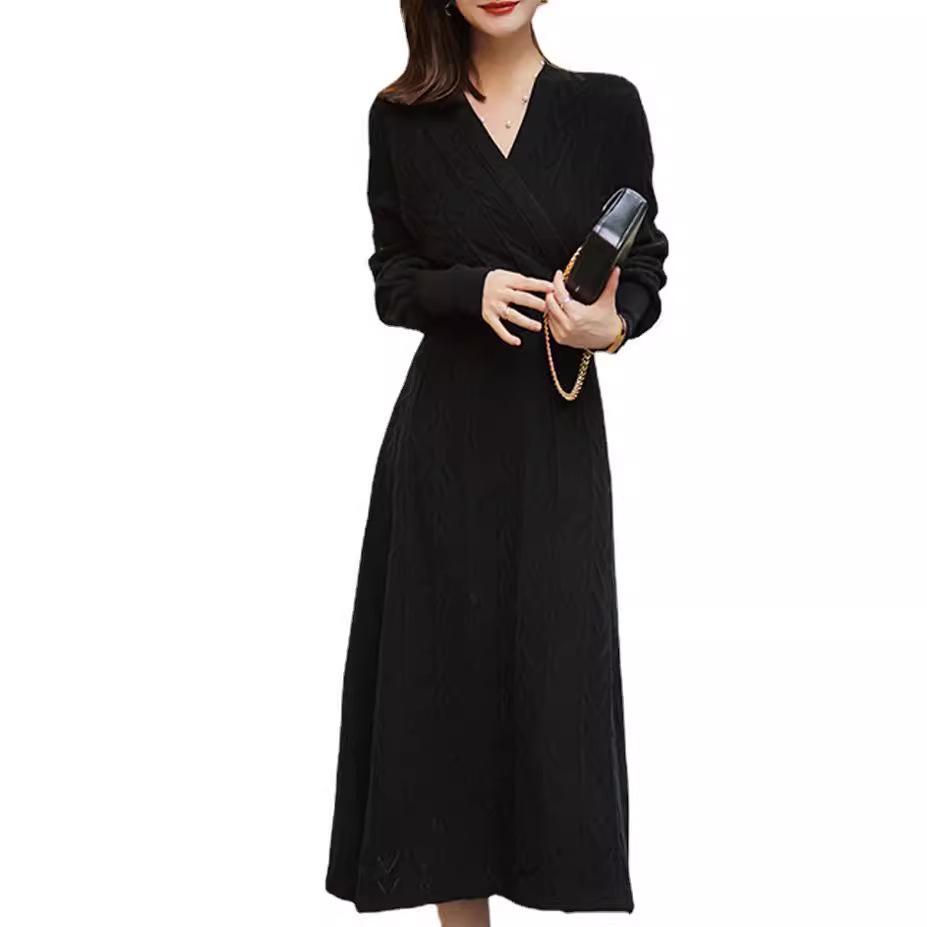 Women's Black Long Sleeve Knitted Wool Dress with Coat, Mid-Length, Over Knee, 2024 Autumn/Winter.