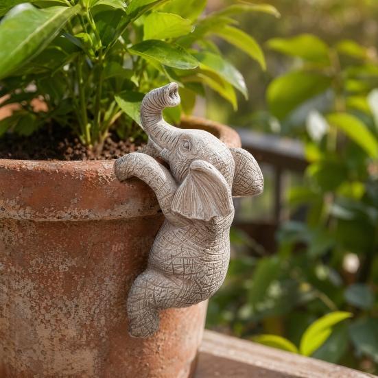 Flower Pot Figurine, Elephant Shape, Decorative Carved Ornament, Unique Table Decoration for Home Office Balcony Garden
