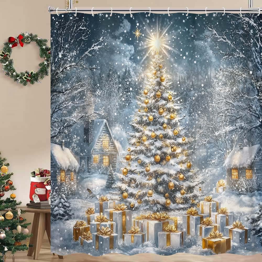 Winter Christmas Farmhouse Shower Curtain, Rustic Window Scene Glitter Xmas Tree Holiday Bathroom Bathtubs Decor, Fabric Shower