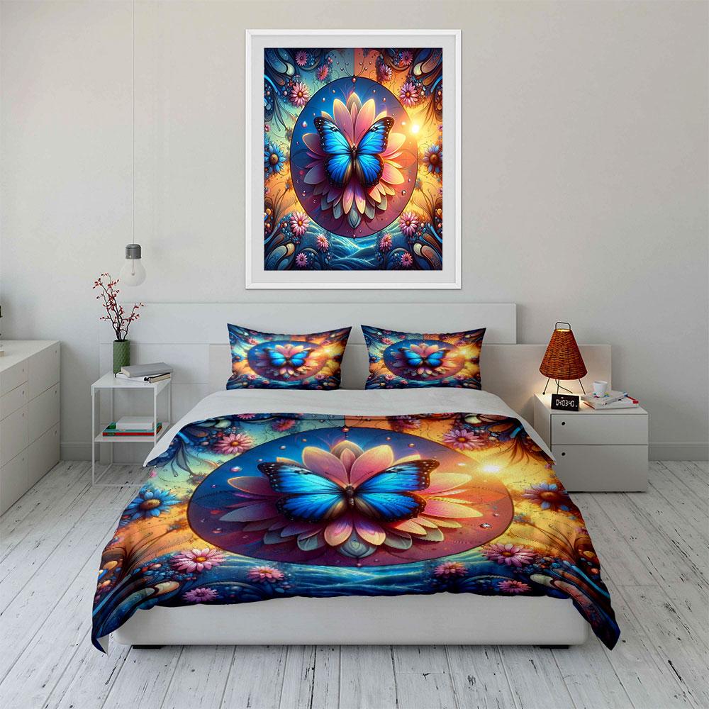 3Pcs Blue Butterfly and Lotus Bedding Set, Colorful Mandala Print Duvet Cover + 2 Pillowcases, Zen Nature Decor