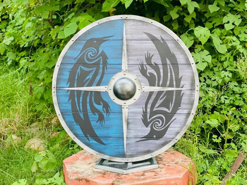 Viking Raven Wooden Shield: Valhalla Norse Warrior Decor