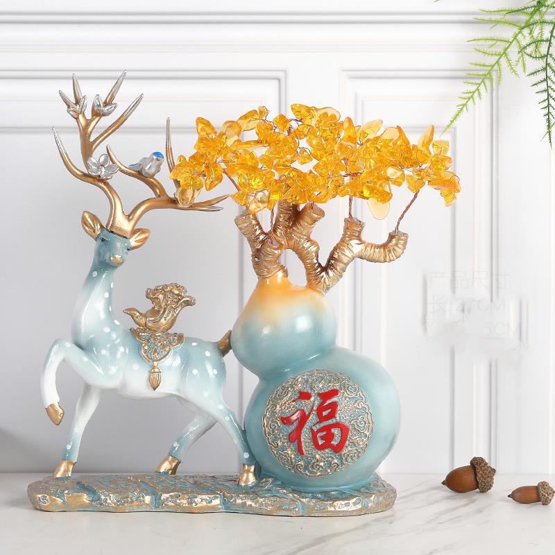 Crystal Wealth Tree Lucky Gourd Apple Elk Deer Resin Ornament Home Foyer Living Room Furnishing Crafts Office Desktop Decoration