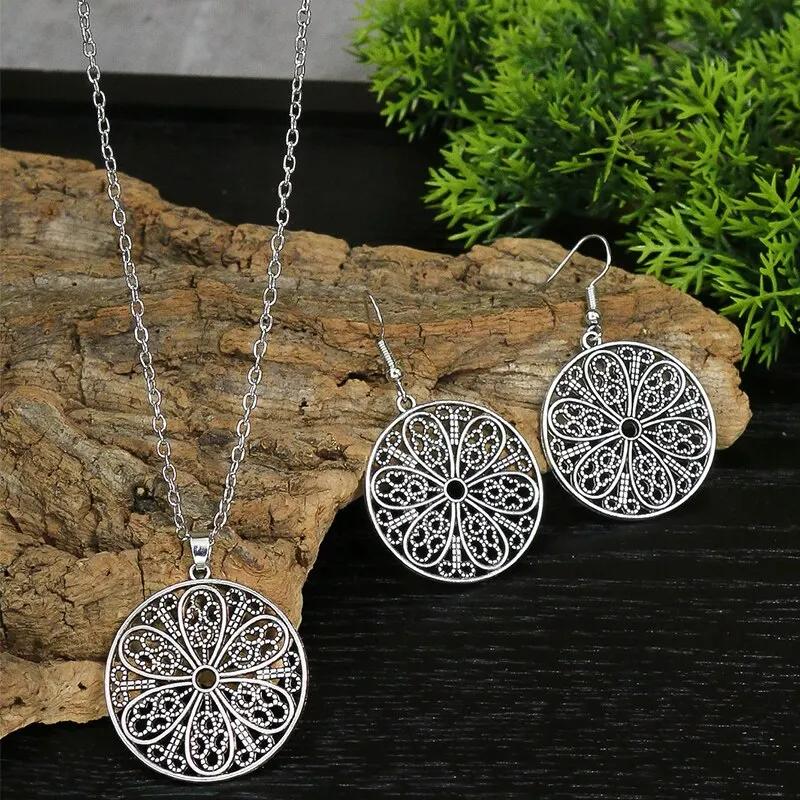 Vintage Boho Ethnic Jewelry Sets for Women Silver Hollow Filigree Round Feather Turquoise Pendant Necklace Earrings Set