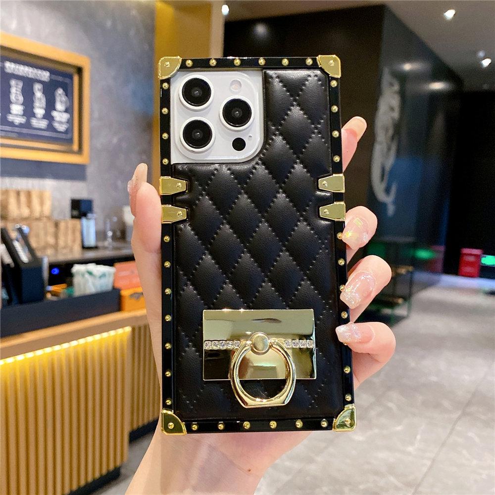 

Fashion Rhombic Gold Plating Leather Phone Case For iPhone 16 15 Pro Max 14 Plus 13 12 11 XR Ring Holder Cover For iPhone 14 Pro чёрный