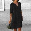 Women Summer Dress Mid Sleeves V-neck Solid Color Loose Pullover Daily Wear Flower Print Casual Lady Midi Dress Female Clothes