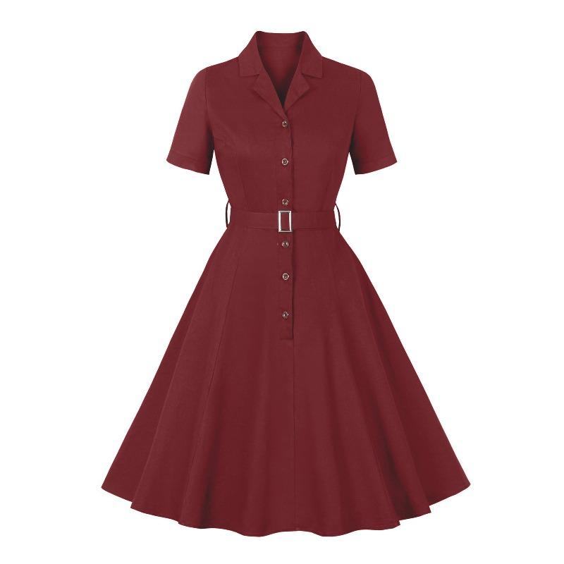 Women's Single-Breasted Wide-Skirted Retro-Style Waist-Cinched Solid-Colour Dress