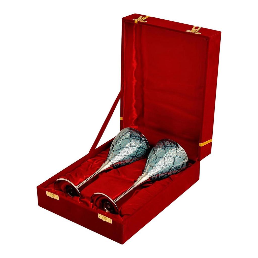 Blue Wine Glasses, Metal Brass Goblet, Champagne Flutes, Diwali, Wedding Gift for Couple Marriage, Corporate Clients - Set of 2, 200 ML