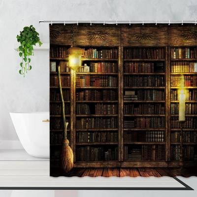 Cortina de Chuveiro Estante de Livros Mágica Retrô Livros de Biblioteca Criatividade Estampa Tecido Poliéster Decoração Cortinas de Banho com Ganchos