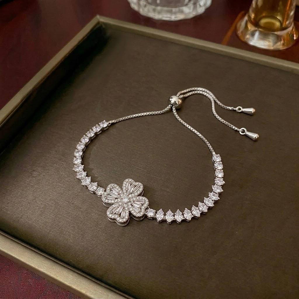 Women's Fashion Necklace & Bracelet Set: Flower Pendant, Diamond Bauhinia Earrings