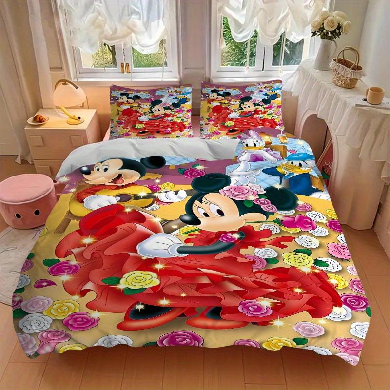 3pcs Mickey Mouse Minnie Mouse Floral Bedding Set Includes 1 Quilt Cover and 2 Pillowcases, Comfortable Bedding W071